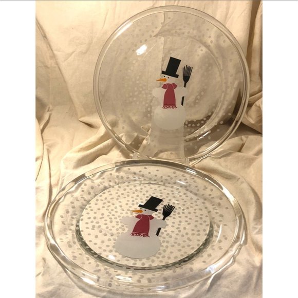 Set of 2 BODUM Glass 10" Winter Holiday Snowman Dinner Plates ~ Christmas Snow - Picture 1 of 6